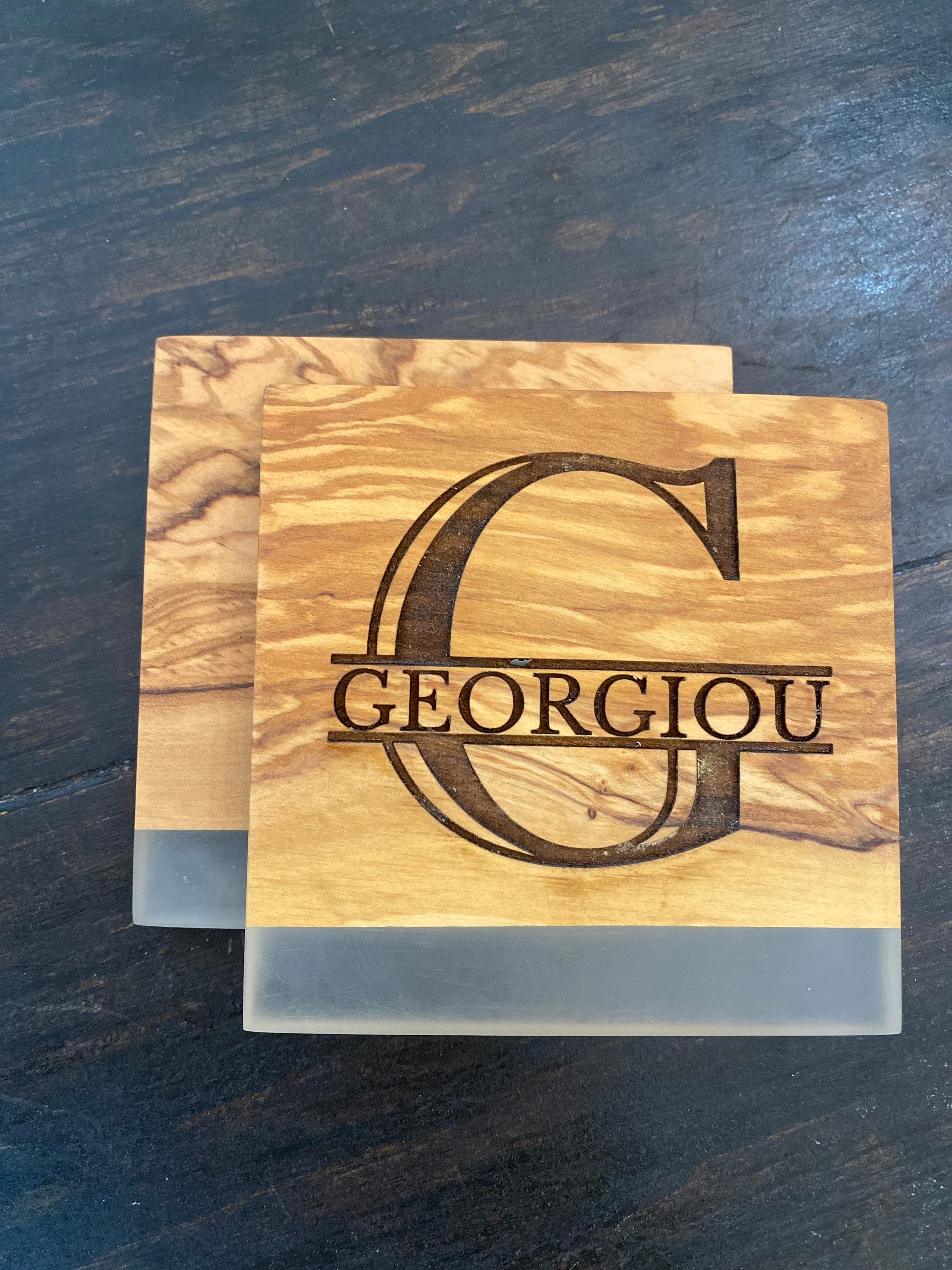 Square Olive Wood coasters with clear epoxy resin shoreline
